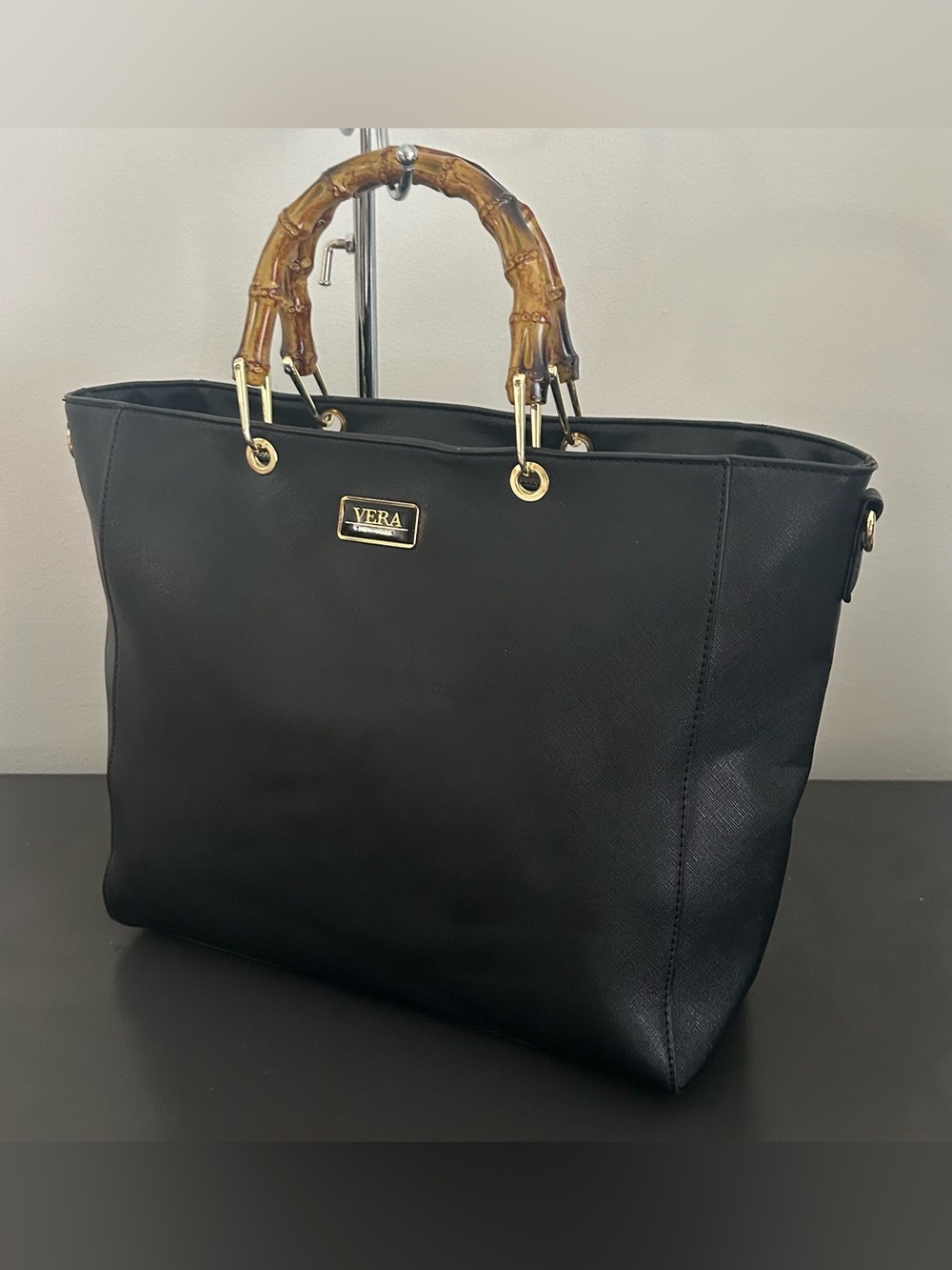 Vera New York Black Bamboo Handle Tote Crossbody Bag Gold Hardware Work Purse - Picture 6 of 14